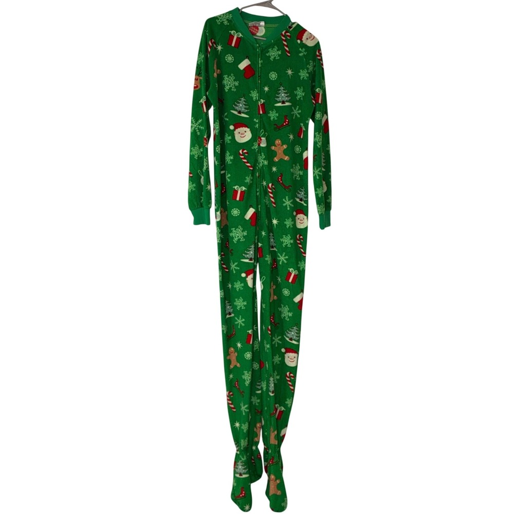 482 Holiday FootedPajamas.com Pajamas Large Green Christmas Fleece